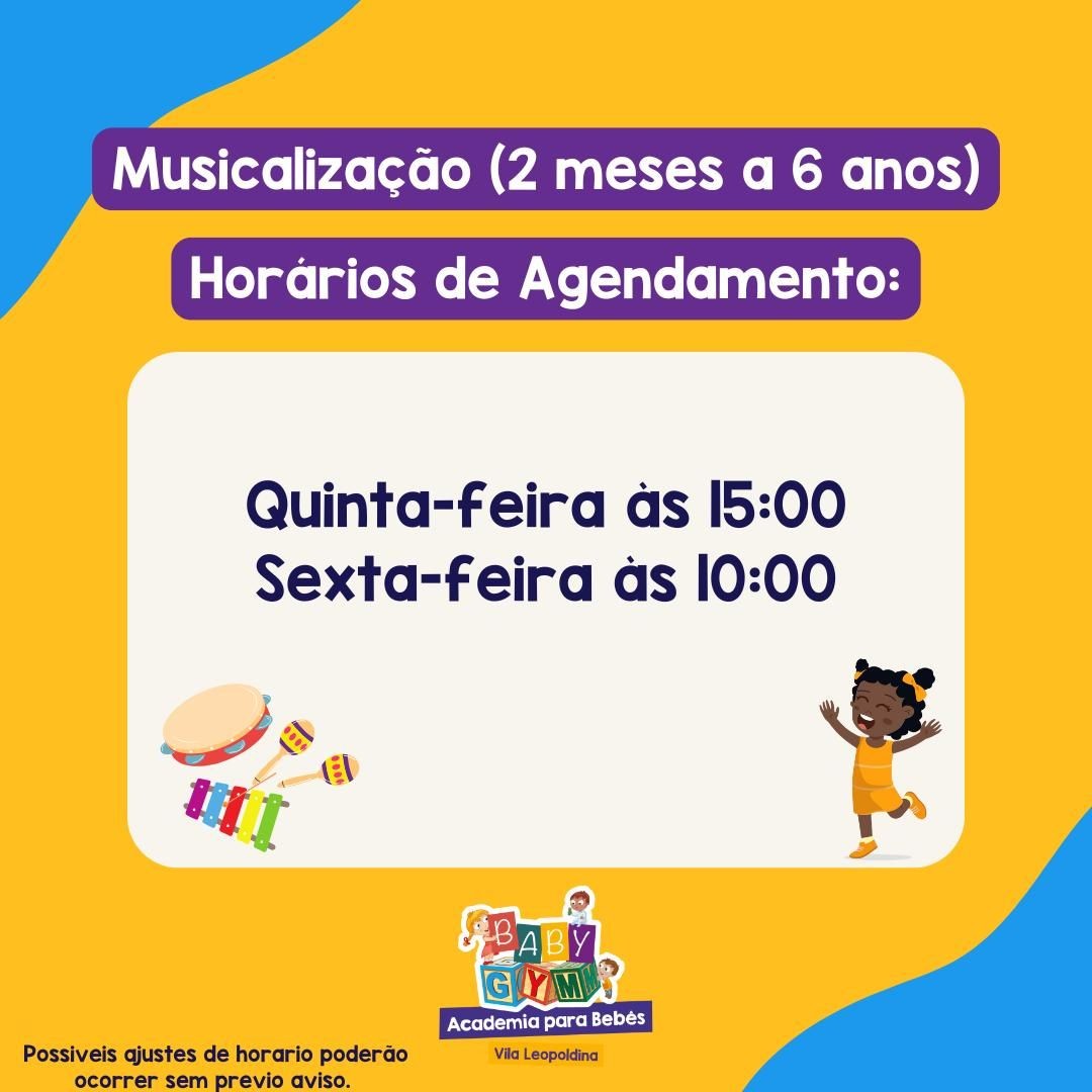 A oficina de musicalização envolve movimento, atividade de escuta e percepção, o conhecer dos instrumentos, a contação de histórias, a socialização e também o relaxamento. Auxilia no desenvolvimento integral das crianças quanto aos aspectos motores, cognitivos, sensoriais, emocionais e sociais ampliando o repertório a uma linguagem que da suporte ao crescimento dos bebes e crianças a partir dos 2 meses até 6 anos de idade.